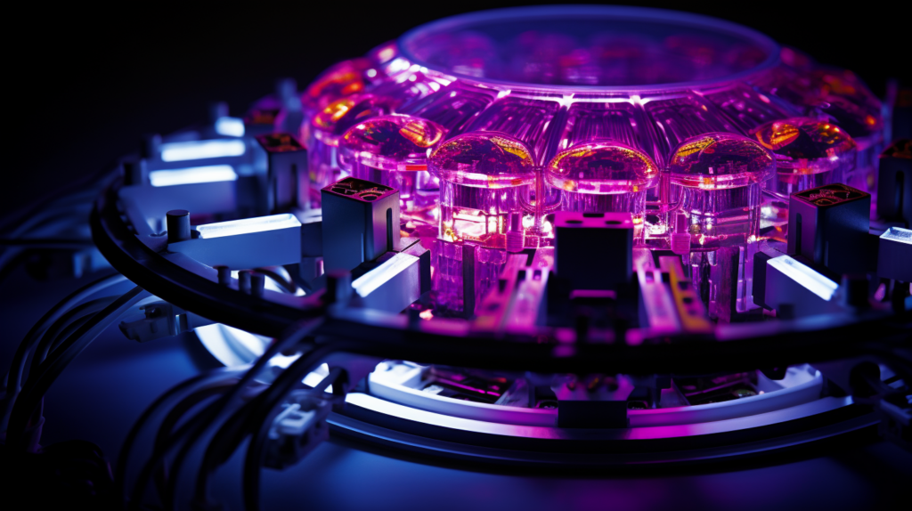 A person wearing protective goggles holds a UV meter amidst a variety of lighting sources, showcasing detailed portraits in various styles and settings. close-up photograph of an LED light fixture emitting Ultraviolet and Infrared Rays