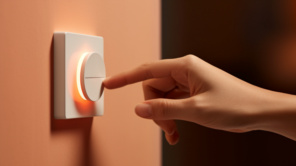 The challenges of using dimmer switches with LED lights are shown in a photo of a dimly lit room with a flickering LED lightbulb. close up shot of a round dimmer switch