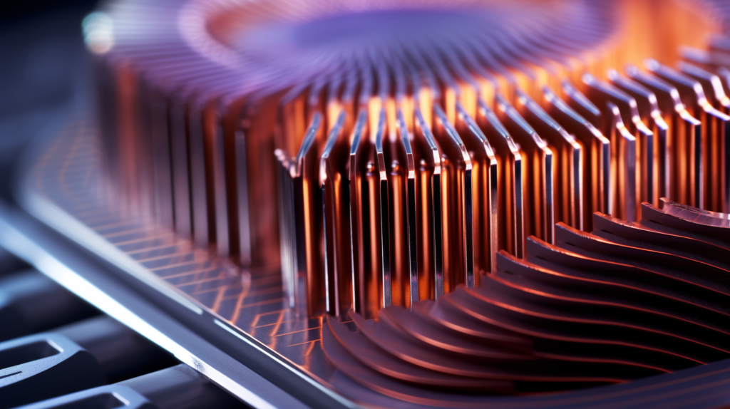 The photo shows an LED heat sink with a fan in an industrial setting. close up shot of a heat sink