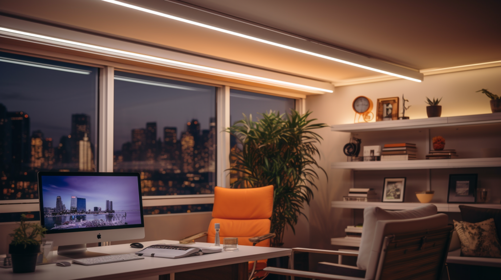 The image depicts a diverse array of people and different types of light bulbs arranged in a pattern. shot of a modern home office