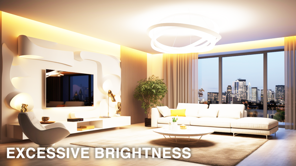 A person shielding their eyes from brightness in a well-lit room, with a variety of faces and outfits. extremely bright living room with led fixture