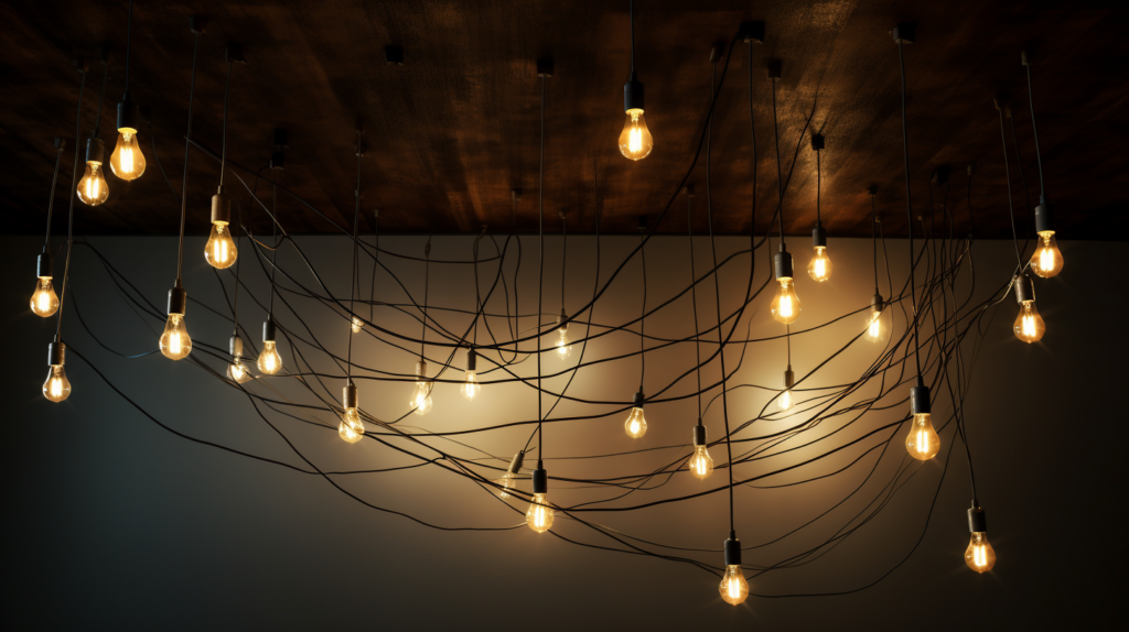 A close-up photo of a loose electrical connection in a lighting system. lots of loose wires handing from a ceiling with light bulbs