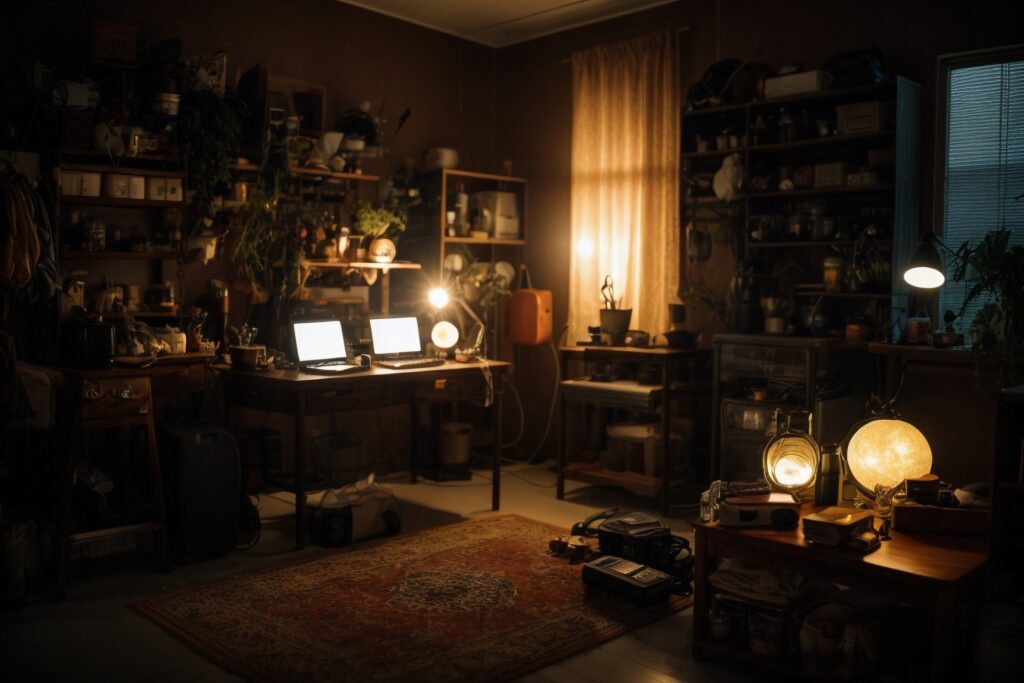 shot of a dark dimly lit cluttered room 