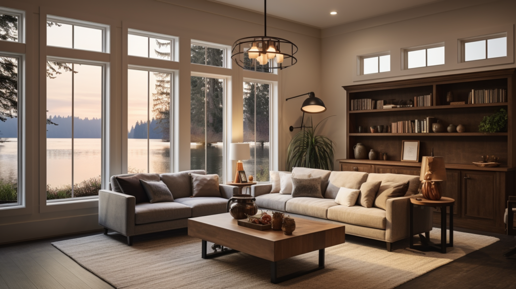 well-lit living room with a mix of traditional and modern light fixtures