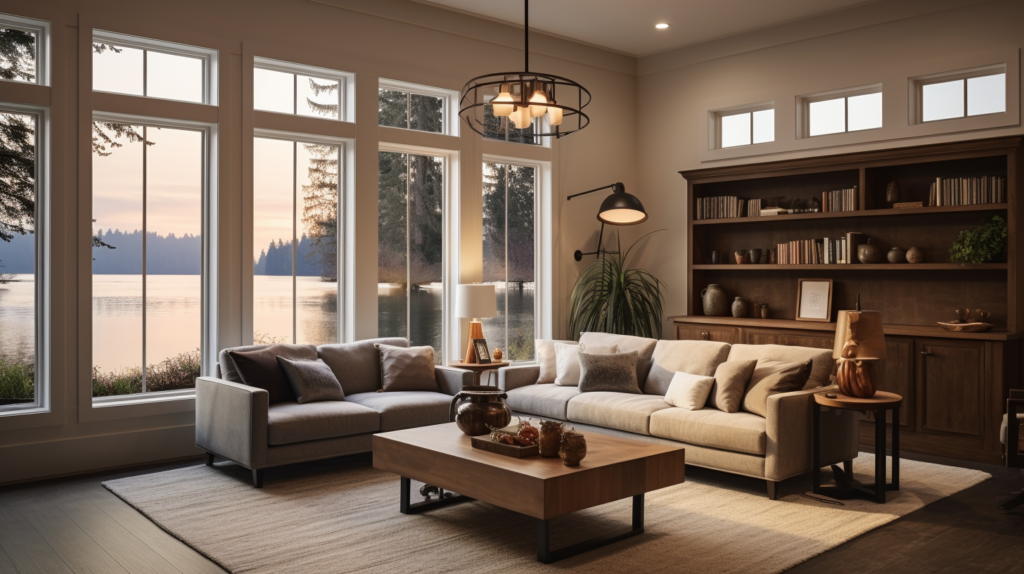 A diverse woman in a well-lit room with various photography subjects and high-quality equipment. well-lit living room with a mix of traditional and modern light fixtures