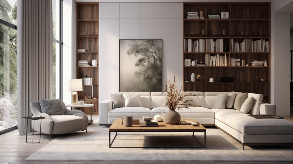 modern living room with earth tones, white couches