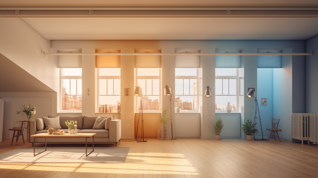 A vibrant and diverse living room scene featuring various individuals with different styles and outfits. room showcasing how color temperature affects the look and feel