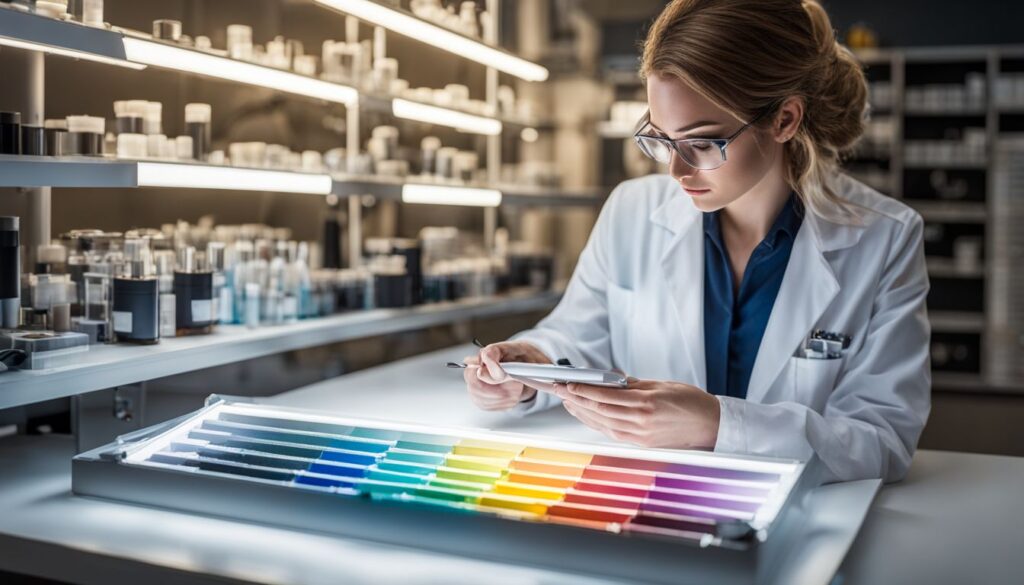 A lab technician examines color samples in a well-lit lab setting using different techniques and equipment.