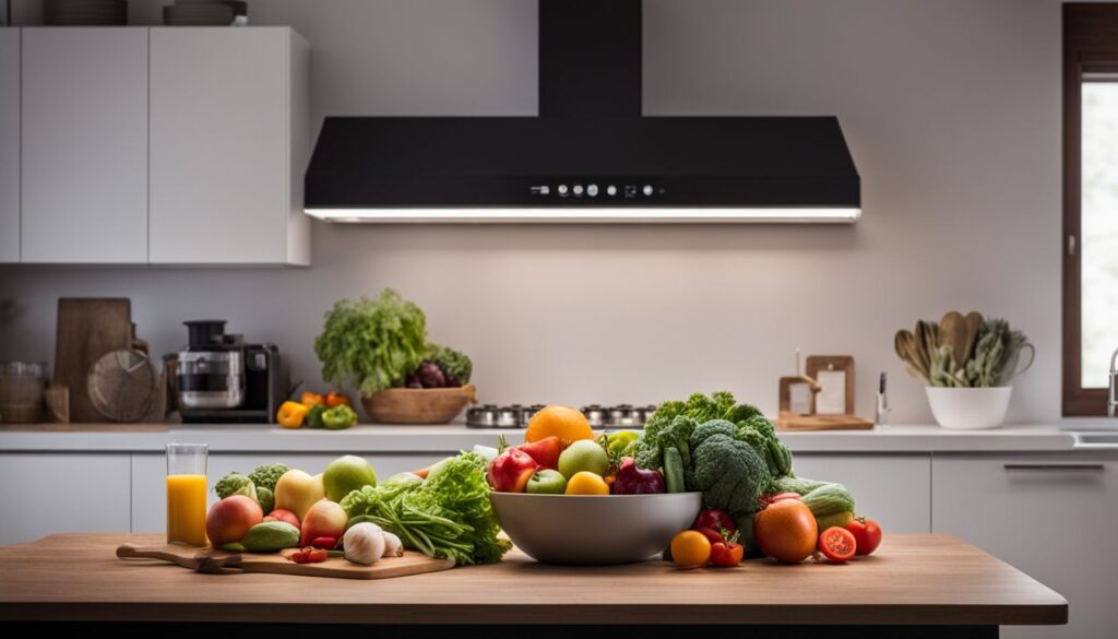 A photo of LED light bulb illuminating fresh fruits and vegetables in a modern kitchen.