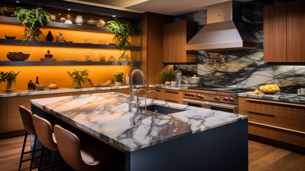 A cozy living room with a fireplace and warm ambiance, captured in a well-lit and beautifully composed photograph. beautifully lit kitchen with a warm and cozy feel, bathed in a soft 3000K light
