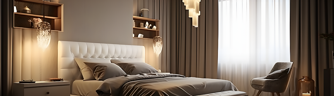 Modern stunning chandelier with soft lighting in a minimalistic bedroom interior