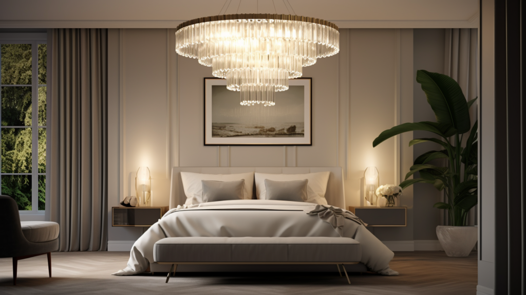 large crystal bedroom chandelier in a white and gray bedroom 