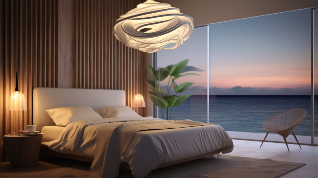 A photo of a busy bedroom with a chandelier, showcasing different people with various appearances and outfits. coastal interior design modern led pendant light concept