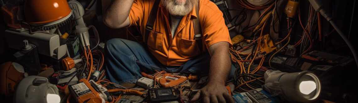 Electrician surrounded by tools discussing LED lighting issues.