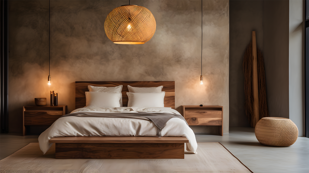 earth tone bedroom with a modern wooden pendant light fixture above the bed