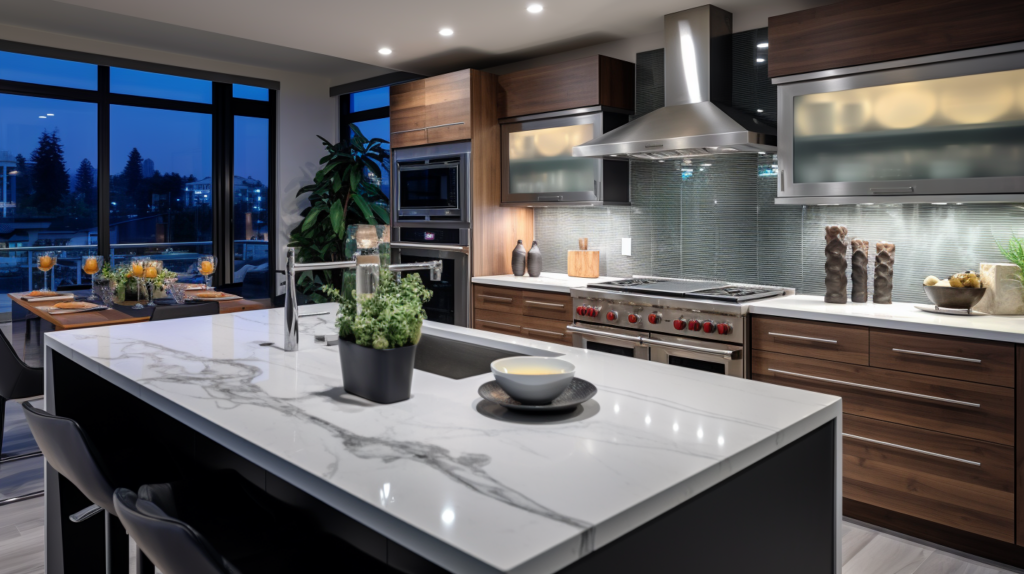 A high-resolution photo of a modern kitchen showcasing sleek marble countertops and stainless steel appliances