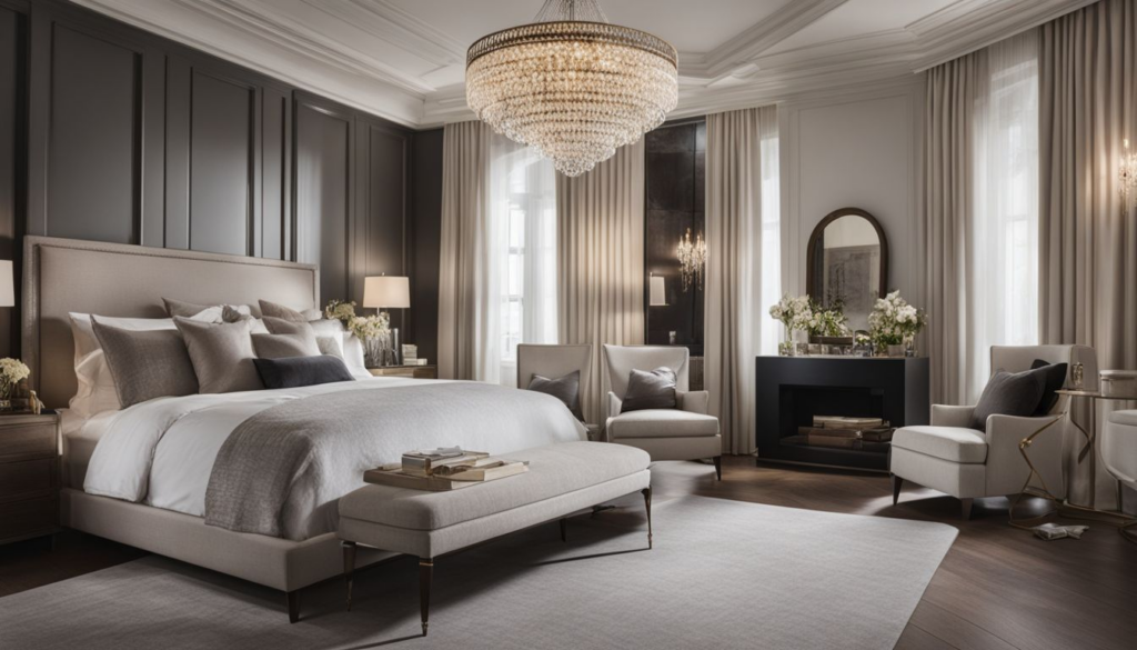 photograph of a bedroom with an elegant chandelier