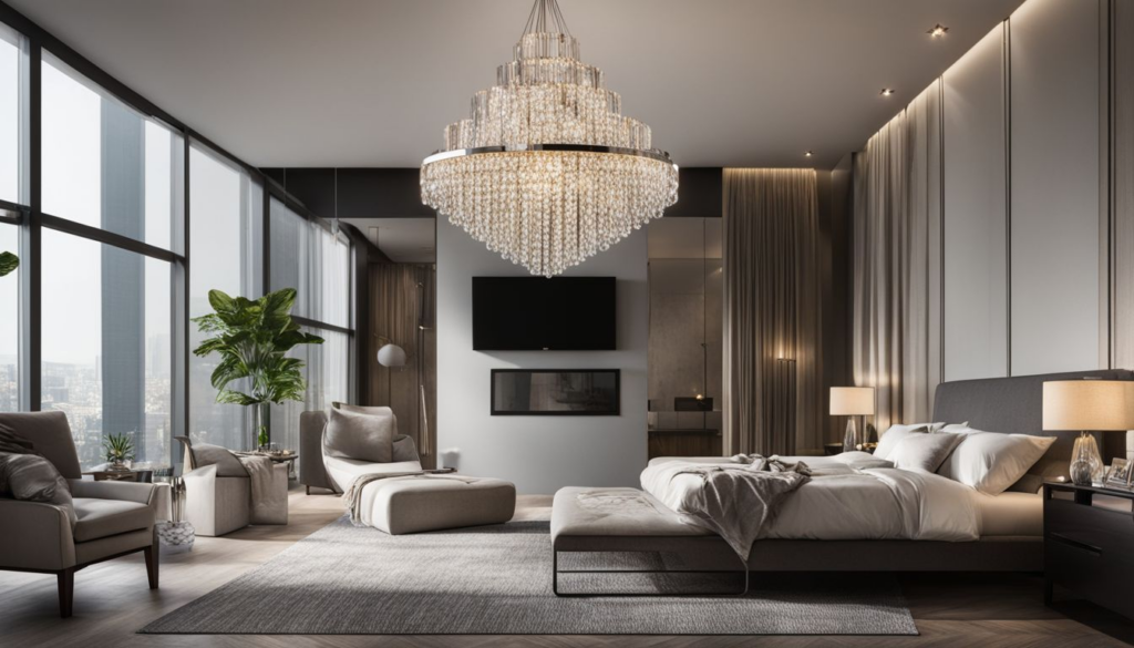modern bedroom with a large glass chandelier as the centerpiece 
