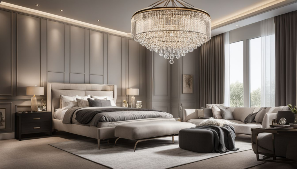 A stunning chandelier enhances the ambiance of a well-decorated bedroom captured in high-quality photography