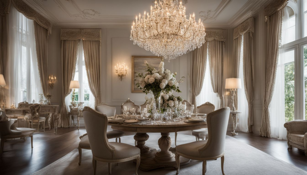 A stunning chandelier hangs in a beautifully decorated room, creating a vibrant and captivating atmosphere