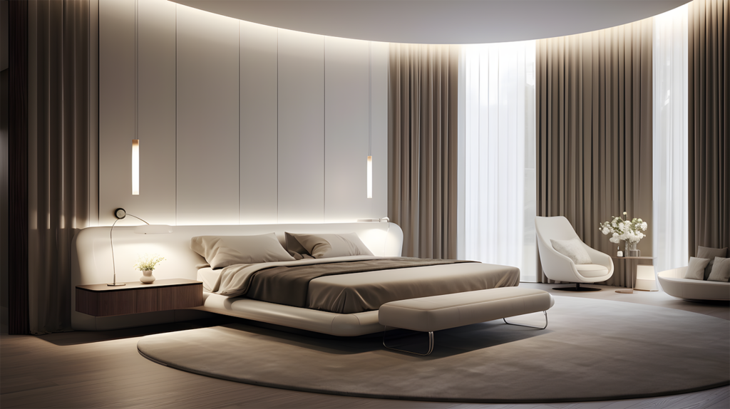 A photo capturing a stunning chandelier in a grand dining room with diverse individuals dressed stylishly. large bedroom with dual pendants hanging bedside