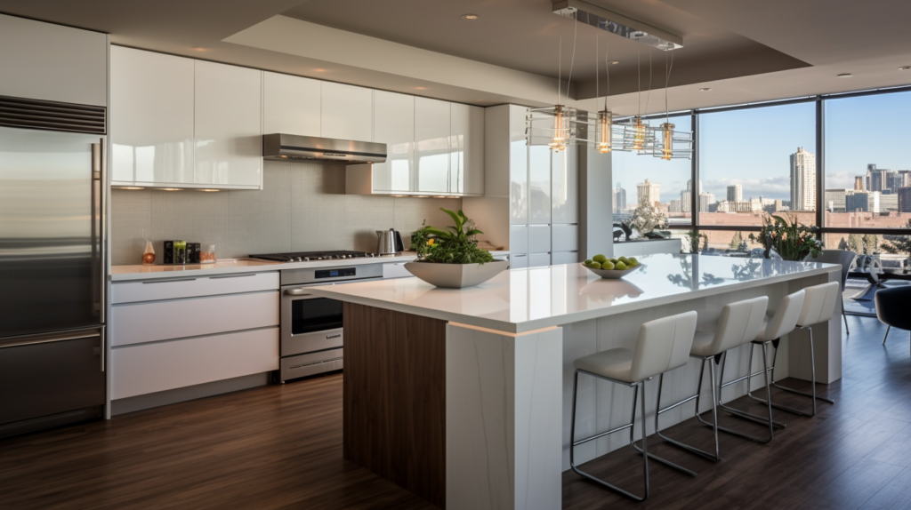 minimal kitchen with white counters and pendant lighting over island with a view of the city 