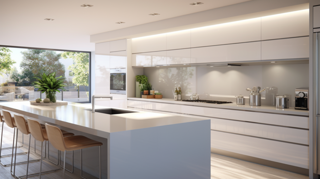 modern and sleek kitchen with cool color temperature, exuding a clean and refreshing vibe