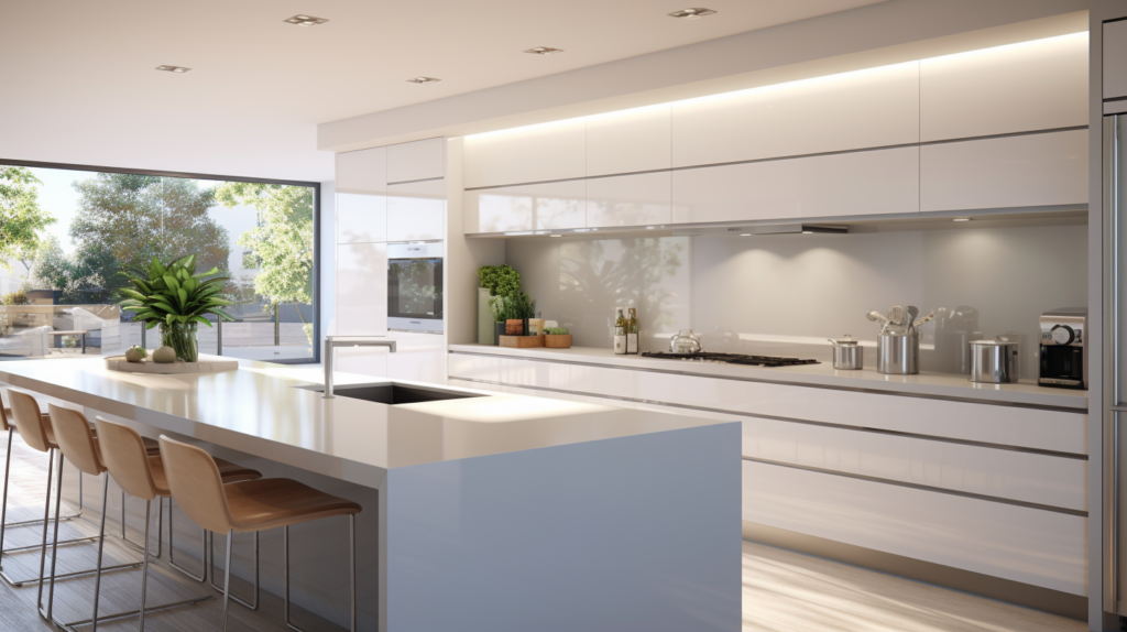 The image subject features a vibrant, bustling kitchen filled with colorful fruits and vegetables. modern and sleek kitchen with cool color temperature, exuding a clean and refreshing vibe