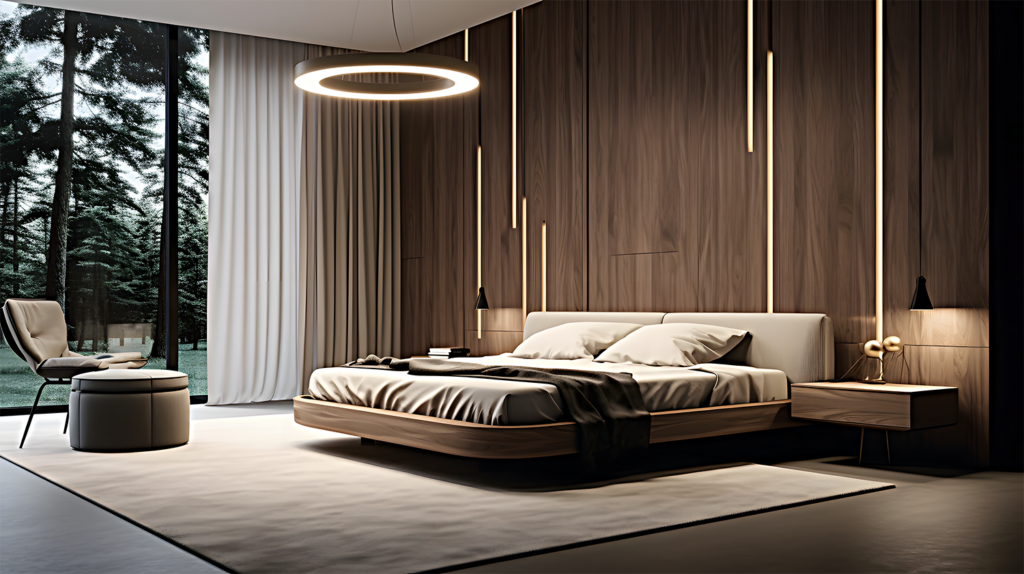 A photo of a well-decorated room with a beautiful chandelier, showcasing diverse faces, hair styles, and outfits. modern bedroom with modern LED pendant light 2