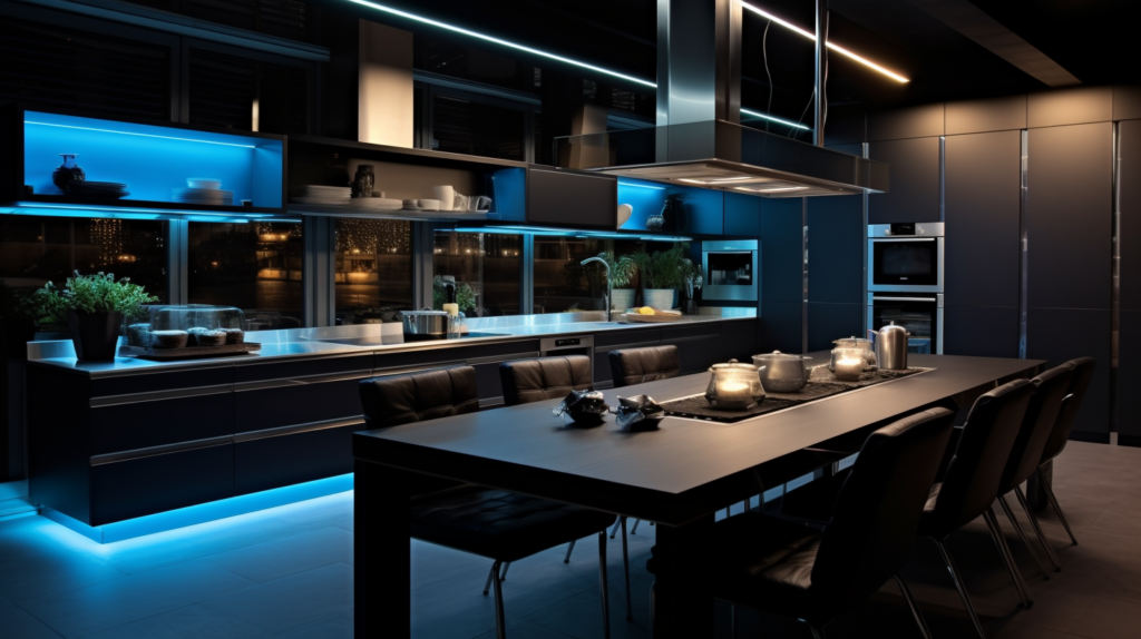 The photo showcases LED bulbs shining on kitchen cabinets in warm white and cool white light.