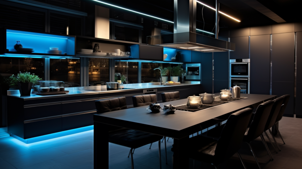 The photo showcases LED bulbs shining on kitchen cabinets in warm white and cool white light. The photo showcases LED bulbs shining on kitchen cabinets in warm white and cool white light.