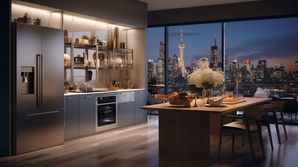 A modern kitchen with stylish appliances and a bustling atmosphere, featuring a cityscape background and various individuals