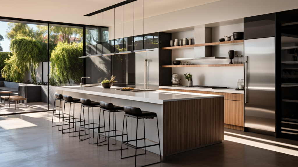 A photo of a modern kitchen with clean finishes and a bustling atmosphere, showcasing different faces and hairstyles. modern, well-lit kitchen with sleek appliances and a spacious island with unique pendant lights
