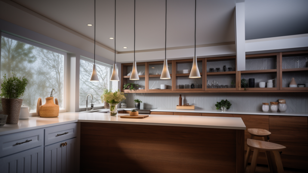 five pendant lights hanging side by side over a kitchen bar