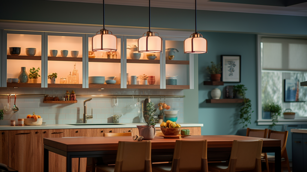 A well-lit, bustling kitchen with a mix of warm and cool lighting tones. a small dinning room with three pendant lights hanging over it for better illumination