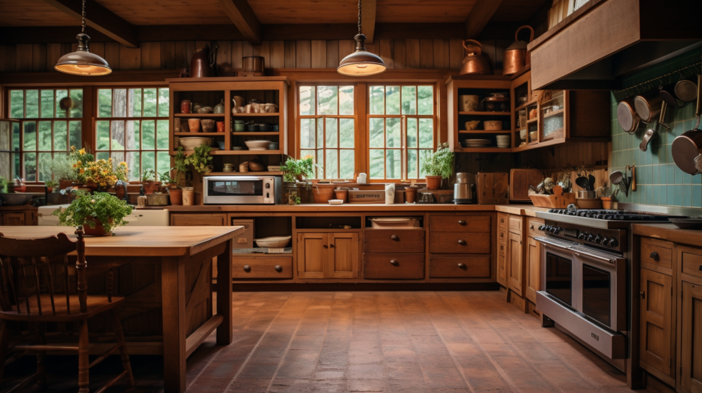 The image showcases various types of lighting fixtures illuminating a well-lit kitchen, creating a cinematic and bustling atmosphere. farmhouse kitchen with pendant lighting