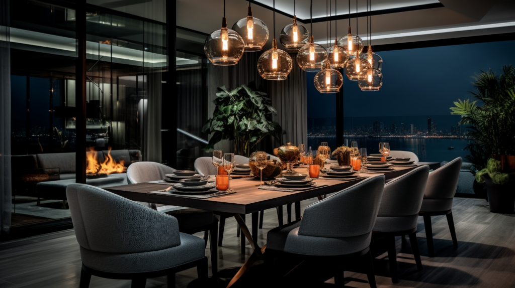 An inviting, well-lit dinning room with pendant lighting 
