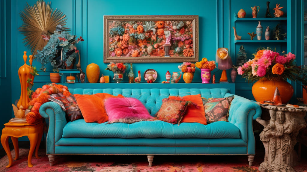 A vibrant and bustling living room with various objects creates a captivating atmosphere, captured in stunning detail