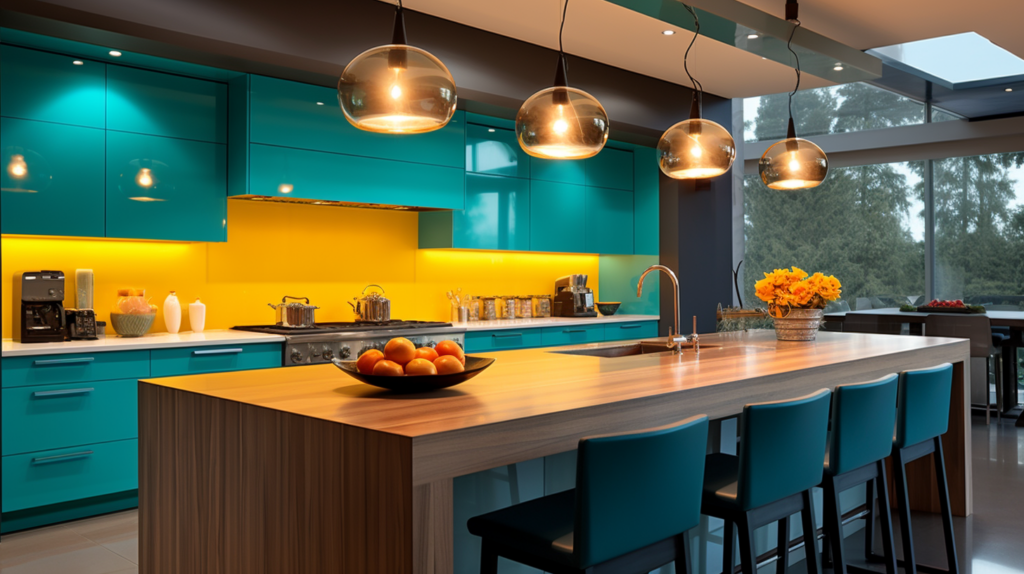 A vibrant and bustling modern kitchen illuminated by color selectable light fixtures.