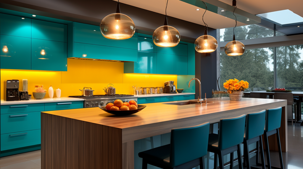 A vibrant and bustling modern kitchen illuminated by color selectable light fixtures. A vibrant and bustling modern kitchen illuminated by color selectable light fixtures.