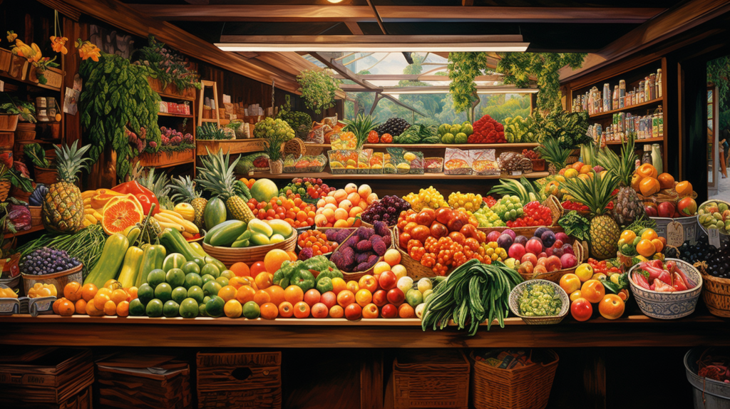 A vibrant and diverse display of fruits and vegetables in a bustling atmosphere.