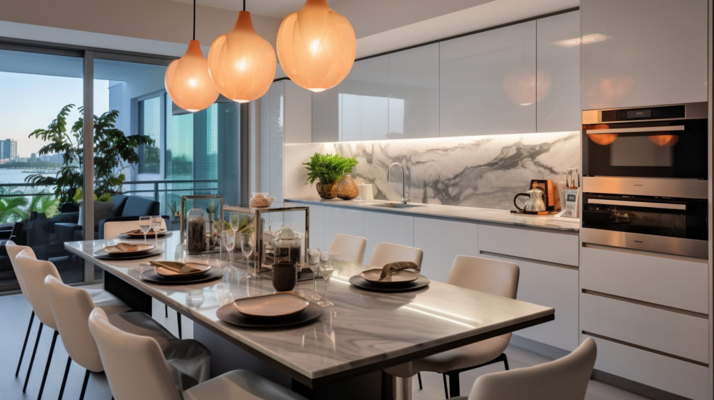 well-lit modern kitchen with color selectable light fixtures hanging above the countertop and dining area