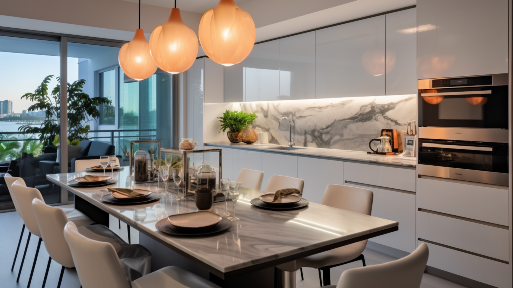A modern, well-lit kitchen with sleek appliances and a spacious island, showcasing different faces, hairstyles, and outfits. well-lit modern kitchen with color selectable light fixtures hanging above the countertop and dining area