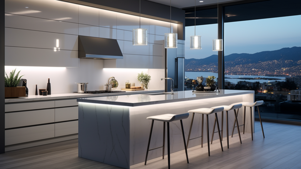 A well-lit kitchen with various white LED bulbs showcasing their color temperature options.