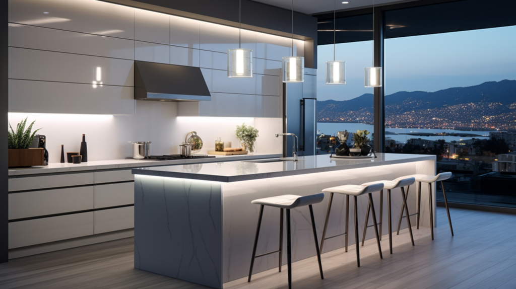 A well-lit kitchen with various white LED bulbs showcasing their color temperature options. A well-lit kitchen with various white LED bulbs showcasing their color temperature options.