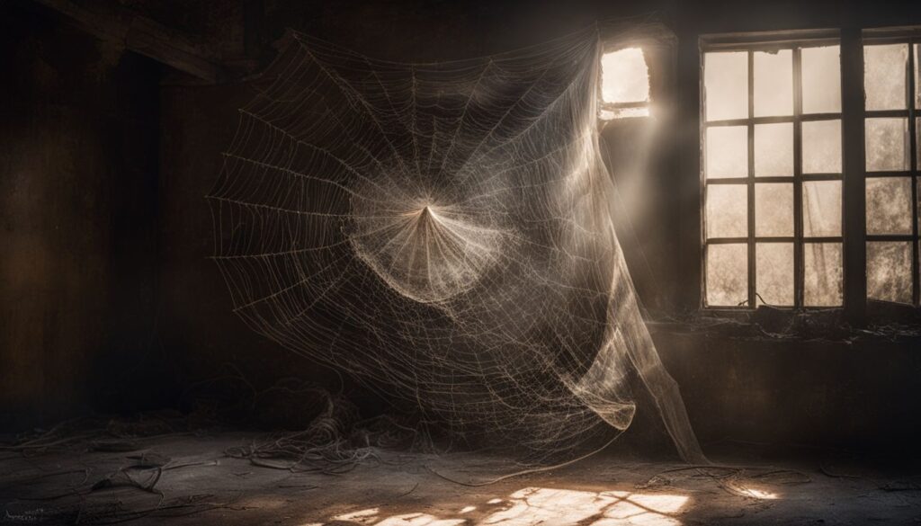 An abandoned building in cobwebs is captured in a still life photograph