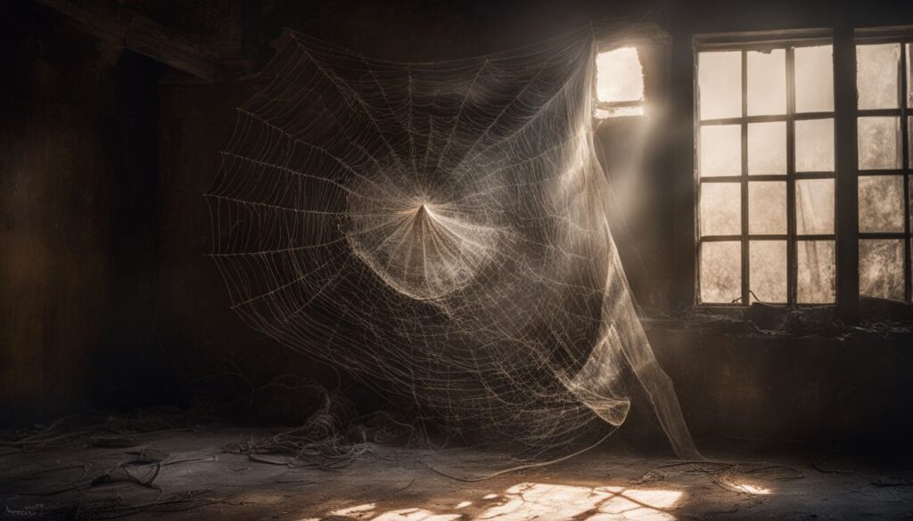 An abandoned LED light covered in cobwebs is captured in a still life photograph, with no humans in the scene. An abandoned building in cobwebs is captured in a still life photograph