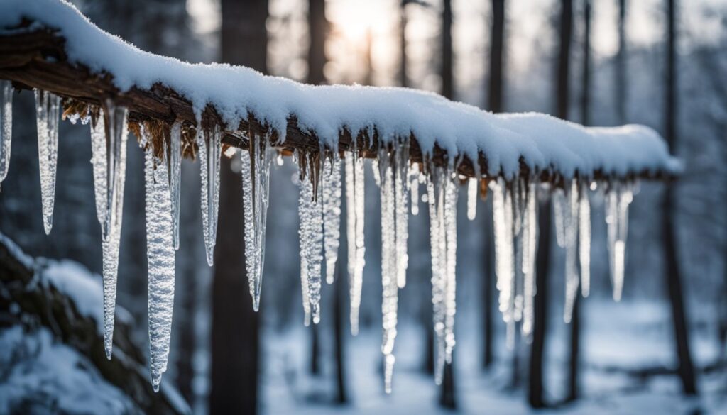 icicles hanging from a tree branch representing cold temperature 