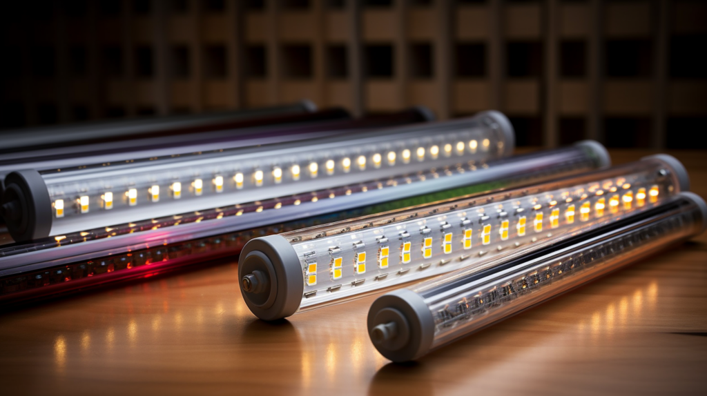 A vibrant cityscape at night with bright LED lights illuminating the modern urban environment. dim LED tubes laying on a wooden table