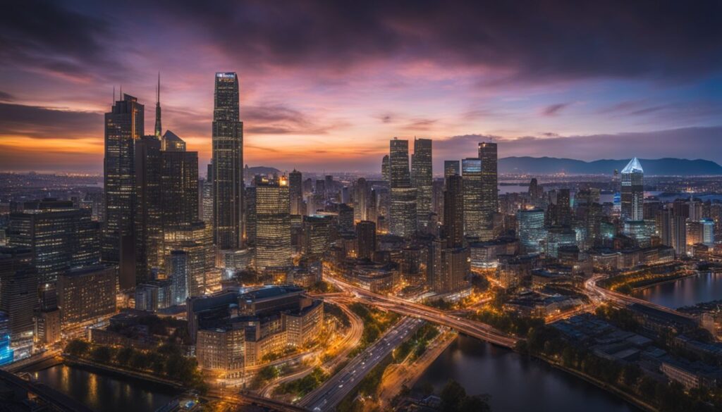 A vibrant and bustling city skyline at night captured in sharp focus and vivid colors.